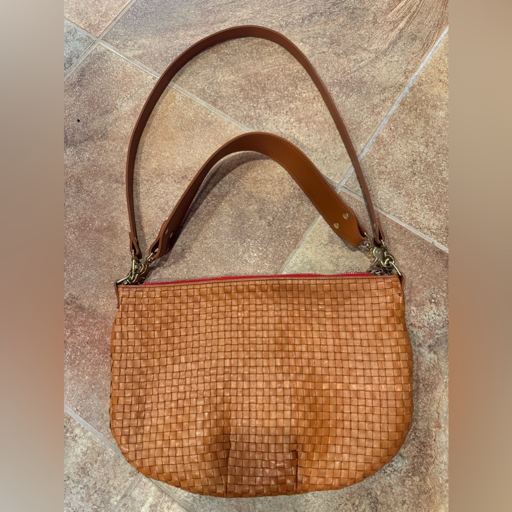 Clare V. Moyen bag in natural woven checker.